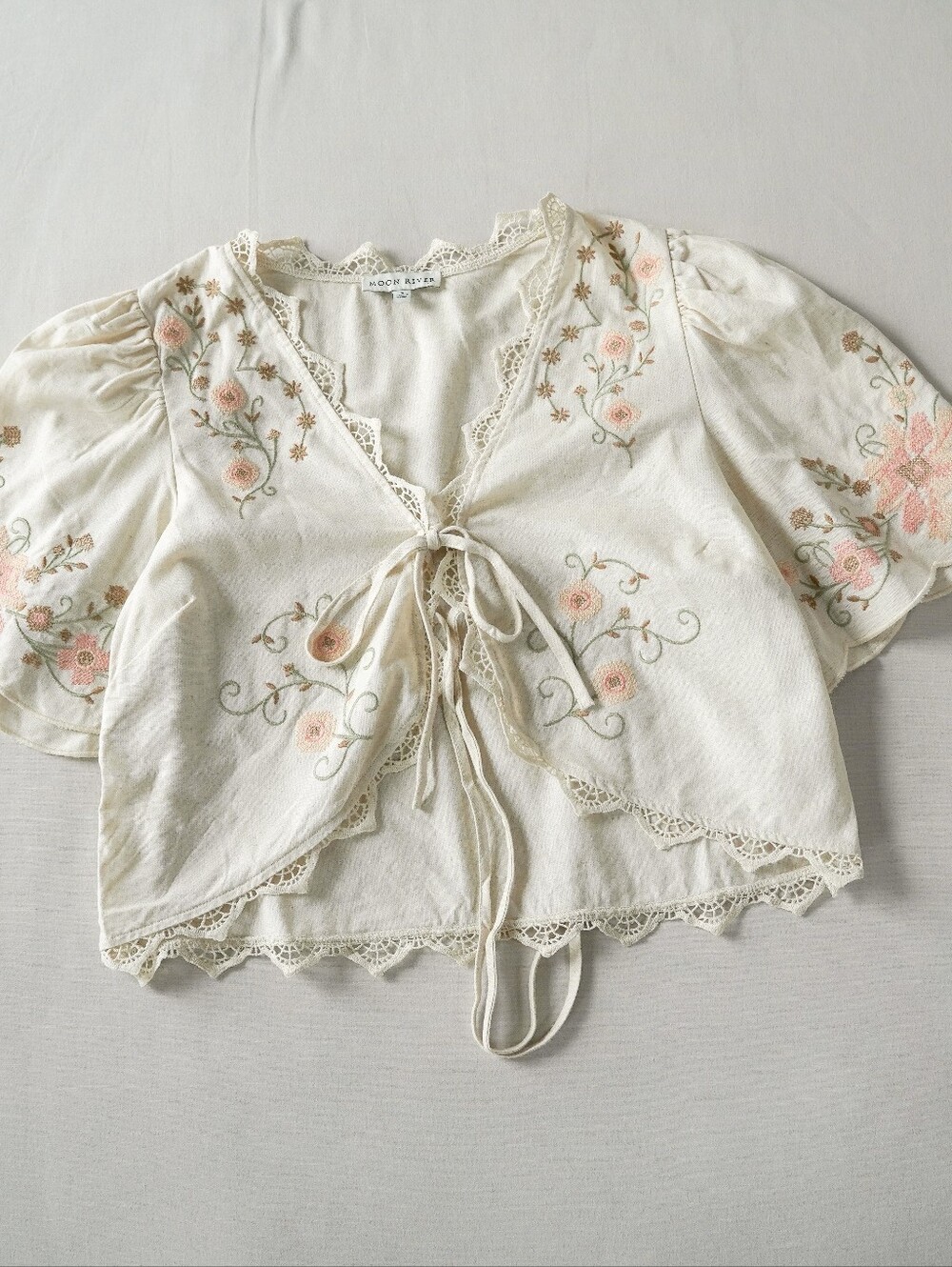 Romantic Cream Floral Linen Tie-Front Crop Top - Picture 2 of 9